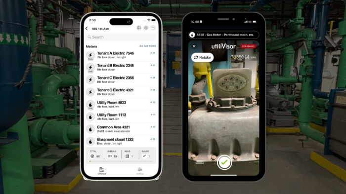 Preview of utiliVisor MyRead Pro mobile app showcasing the meter list and camera app screens