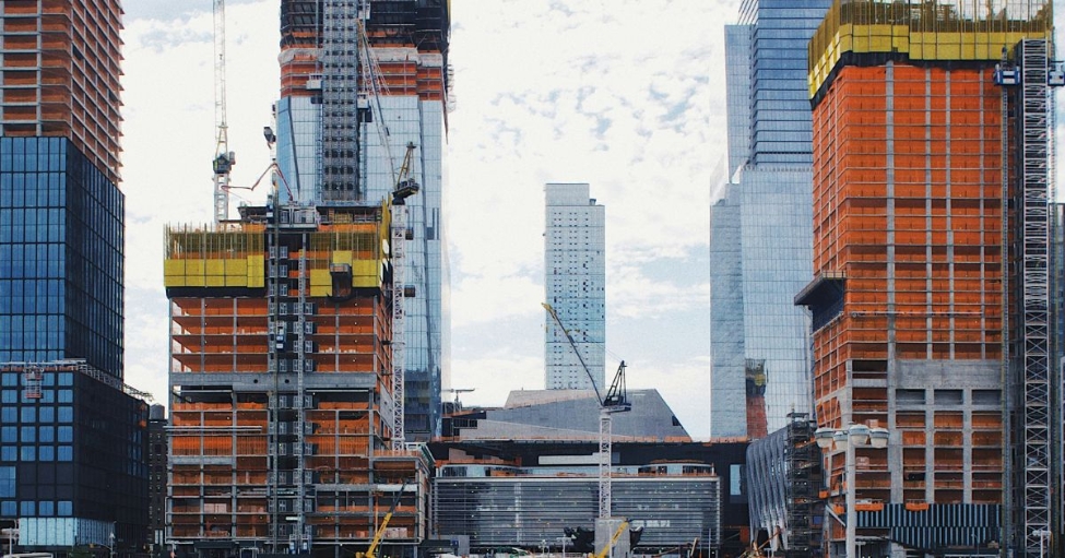 Hudson Yards, with multiple high-rise skyscraper buildings under construction