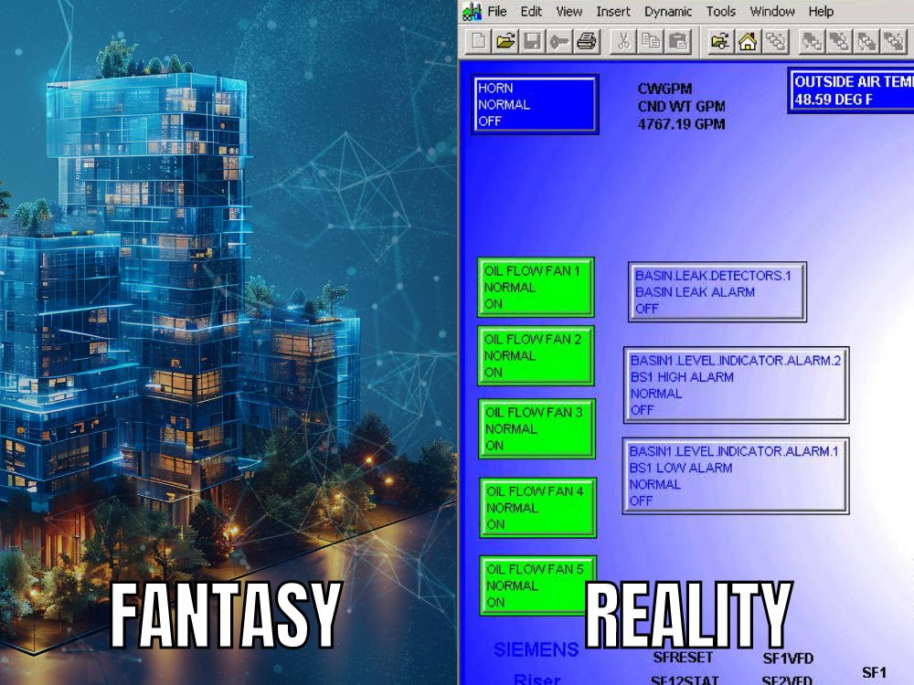 A comparison of a modern digital twin building and a realistic BMS screenshot.