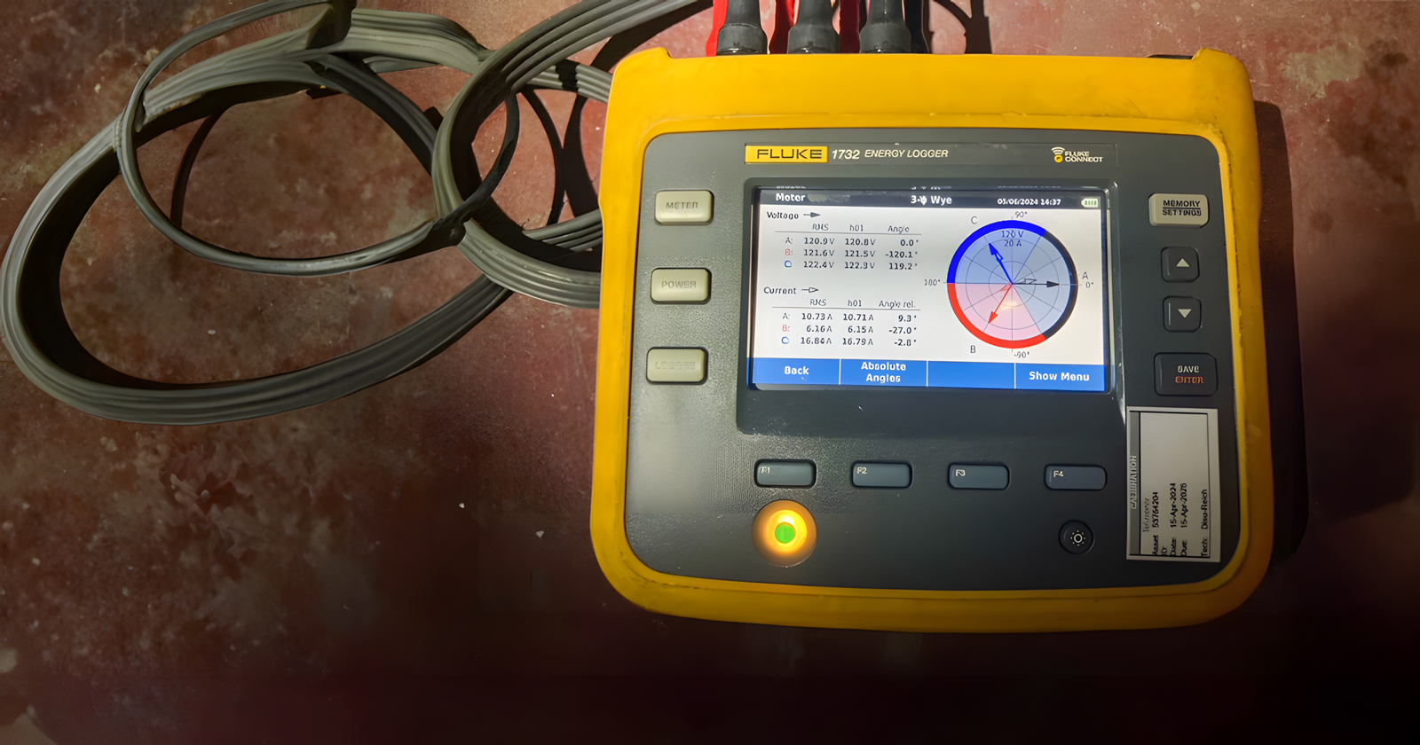 Fluke energy logger powered on used for performing meter testing and calibration